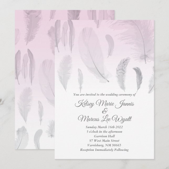Invitation Mariage de plume rose gris (Devant / Derrière)