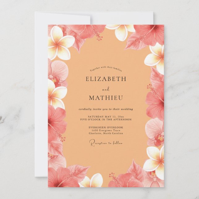Invitation Mariage de Plumeria Eucalyptus Tropical Corail (Devant)