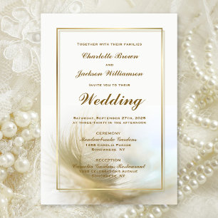 Invitation Mariage de plumes de cadre doré