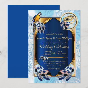 Invitation Mariage de plumes de couleur bleu-perroquet exotiq