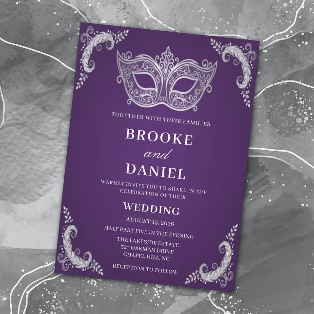Invitation Mariage de plumes de masque royal pourpre et argen (Créateur téléchargé)