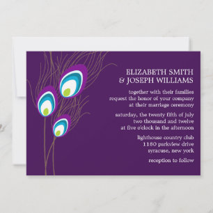 Invitation Mariage de plumes de paon pourpre