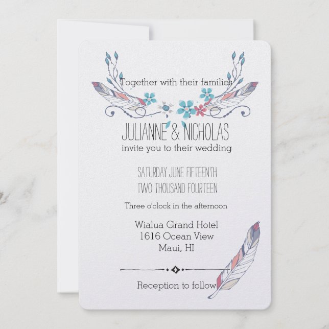 Invitation Mariage de plumes et fleurs (Devant)