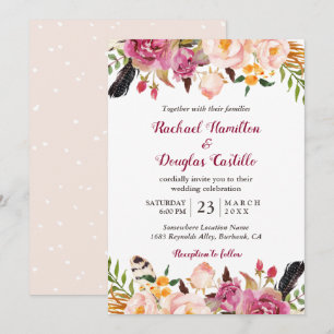 Invitation Mariage de plumes florales de Boho de printemps ro