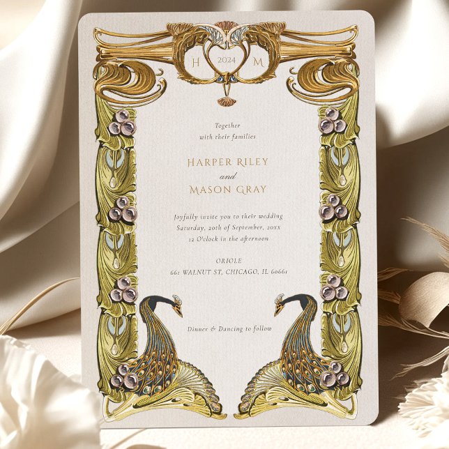 Invitation Mariage de plumes Peacock Art Nouveau vintage (Créateur téléchargé)