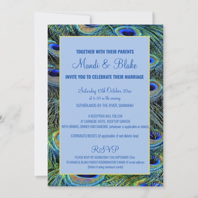 Invitation Mariage de plumes Peacock Bleu & Or (Devant)