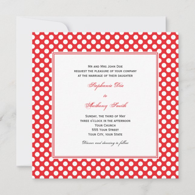Invitation Mariage de points Polka blanc et rouge monogramme (Devant)