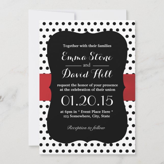 Invitation Mariage de points Polka Noir & Blanc Classique (Devant)