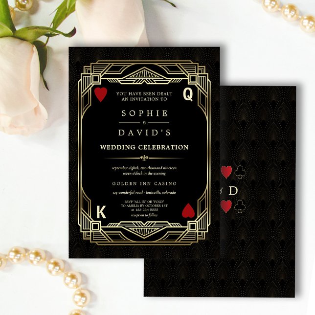 Invitation Mariage de Poker au Casino Luxe Gatsby Las Vegas (Elegant gold black casino wedding invitation, Art Deco great Gatsby wedding invite, poker wedding)