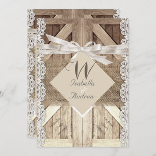 Invitation Mariage de porte rustique Lace Wood Burlap Écritur