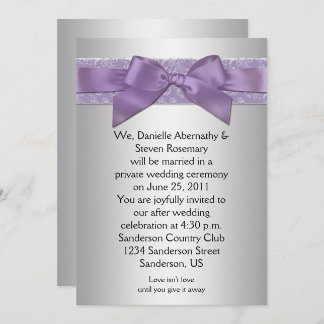 Invitation Mariage de post-ruban Lavender Purple Silver Broca (Devant / Derrière)