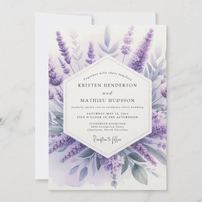 Invitation Mariage de prairie à l'aquarelle lavande (Devant)