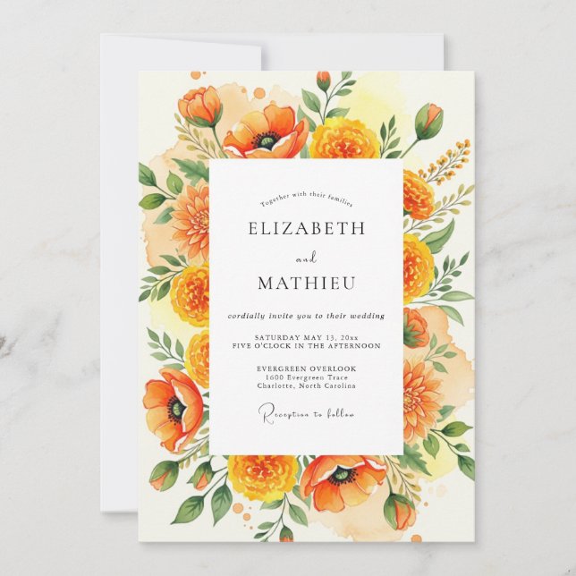 Invitation Mariage de Prairie d'Été Ensoleillée Orange (Devant)