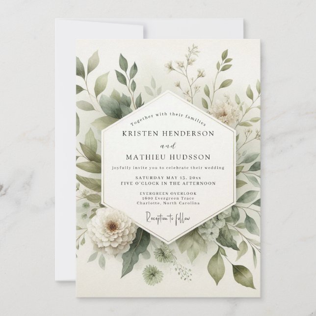 Invitation Mariage de Prairie Éthérée Vert Sauge (Devant)
