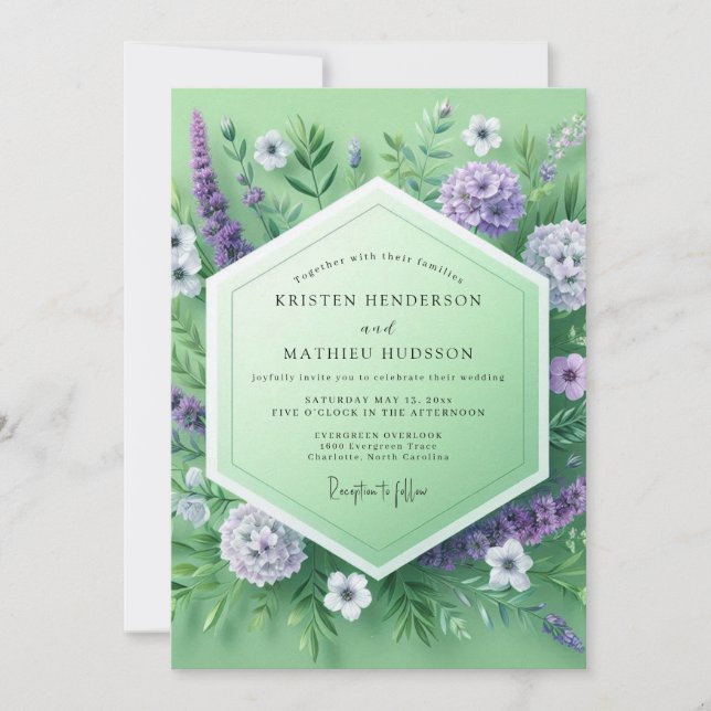 Invitation Mariage de prairie florale vert menthe (Devant)