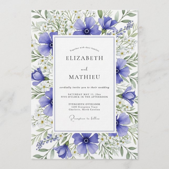 Invitation Mariage de prairie picturale bleue (Devant)