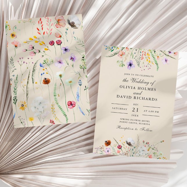 Invitation Mariage de pré-prairie Fleur sauvage Boho Taupe (Boho Taupe Wildflower Meadow Wedding Invitation on a sunny neutral dry palm leaf.)