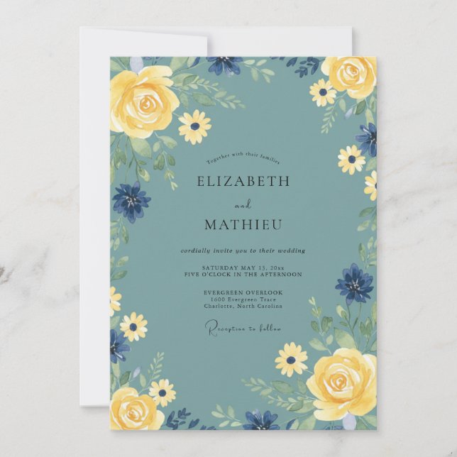 Invitation Mariage de printemps à fleurir bleu poussiéreux (Devant)