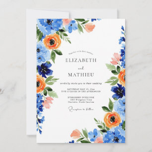 Invitation Mariage de printemps à la floraison bleue orange