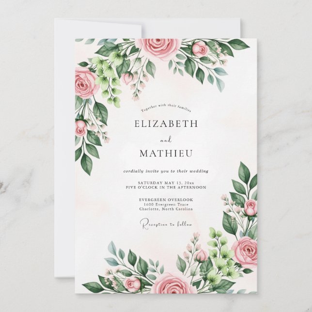 Invitation Mariage de printemps à la rose aquarelle rose (Devant)