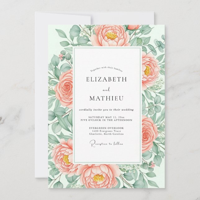 Invitation Mariage de printemps à l'aquarelle abondante pêche (Devant)