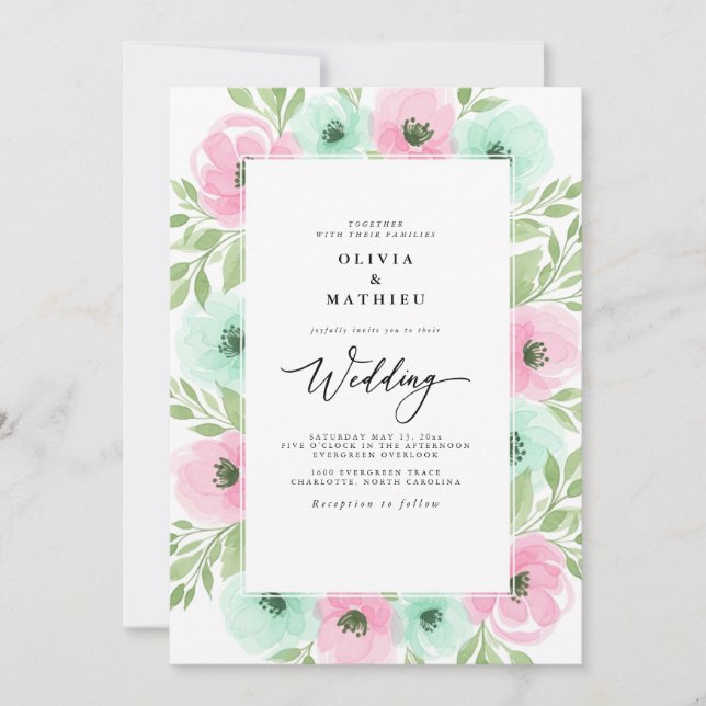 Invitation Mariage de printemps à l'aquarelle aérienne rose m (Devant)