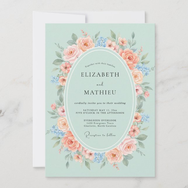 Invitation Mariage de printemps à l'aquarelle Menthe et Pêche (Devant)