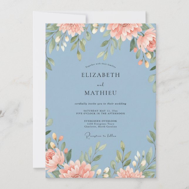 Invitation Mariage de printemps à l'aquarelle romantique bleu (Devant)