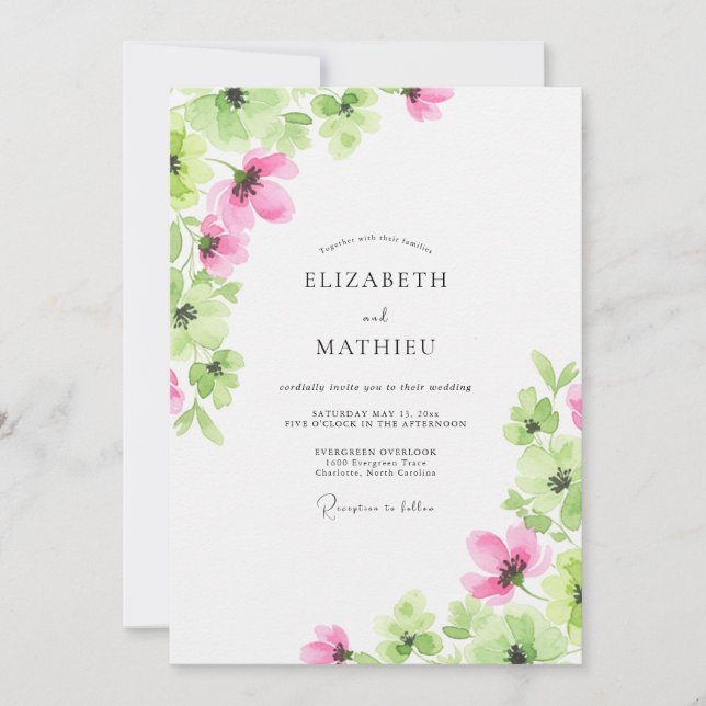 Invitation Mariage de printemps à l'aquarelle rose (Devant)