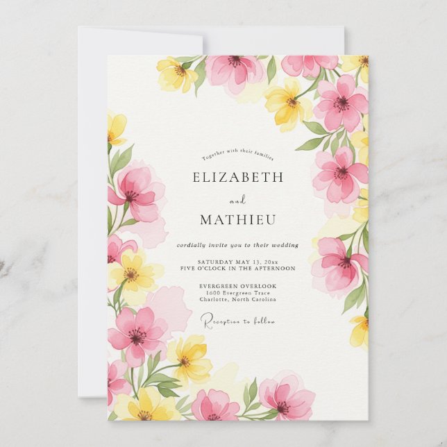 Invitation Mariage de printemps à l'aquarelle rose jaune (Devant)
