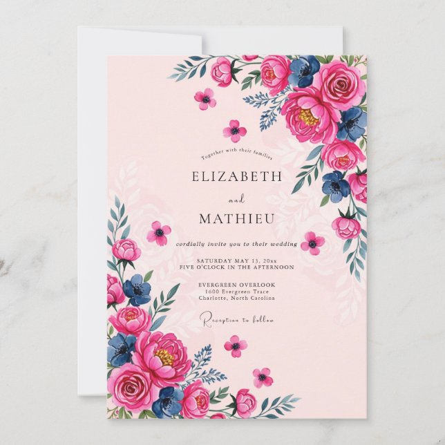 Invitation Mariage de printemps à l'aquarelle rose radiante (Devant)
