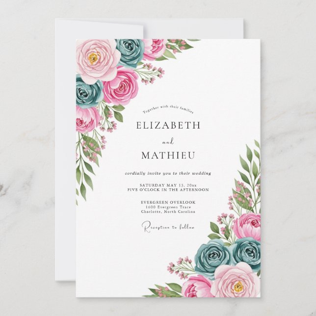 Invitation Mariage de printemps à l'aquarelle rose sarcelle (Devant)