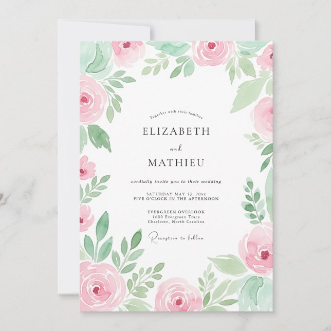 Invitation Mariage de printemps à l'aquarelle rose tendre (Devant)