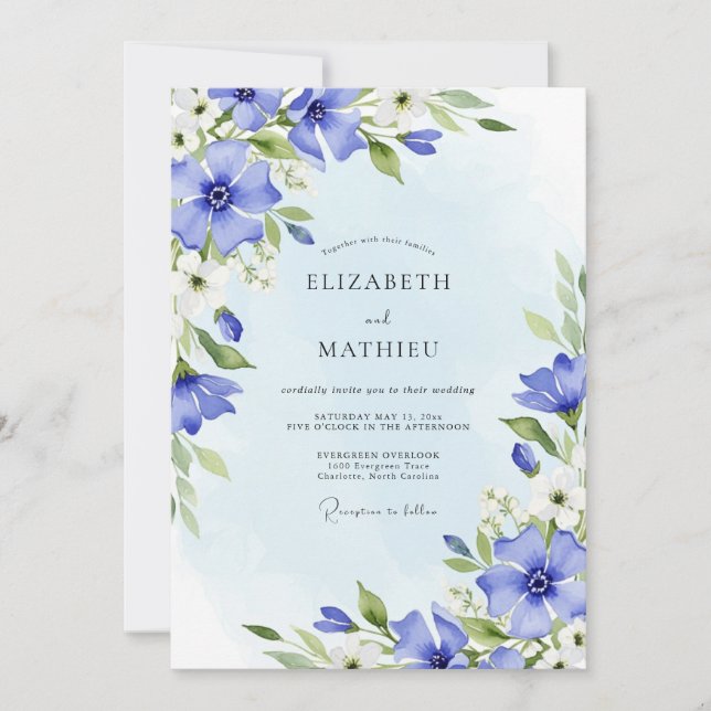 Invitation Mariage de printemps aquarelle bleu barbeau (Devant)