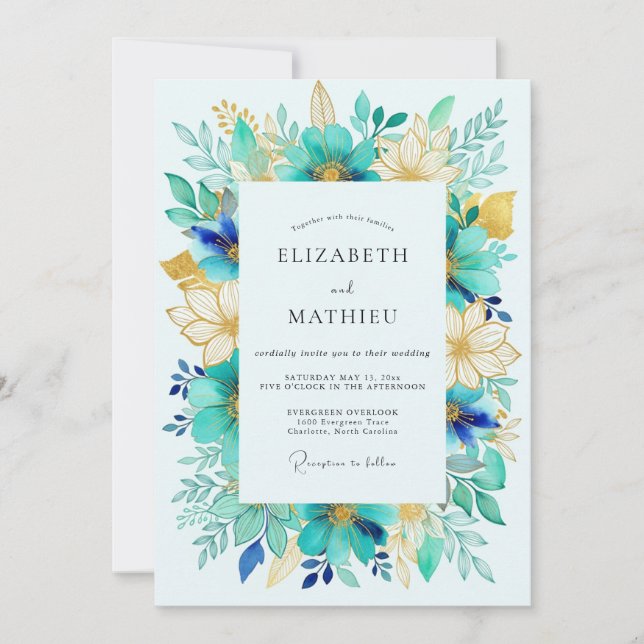 Invitation Mariage de printemps aquarelle turquoise radiant (Devant)