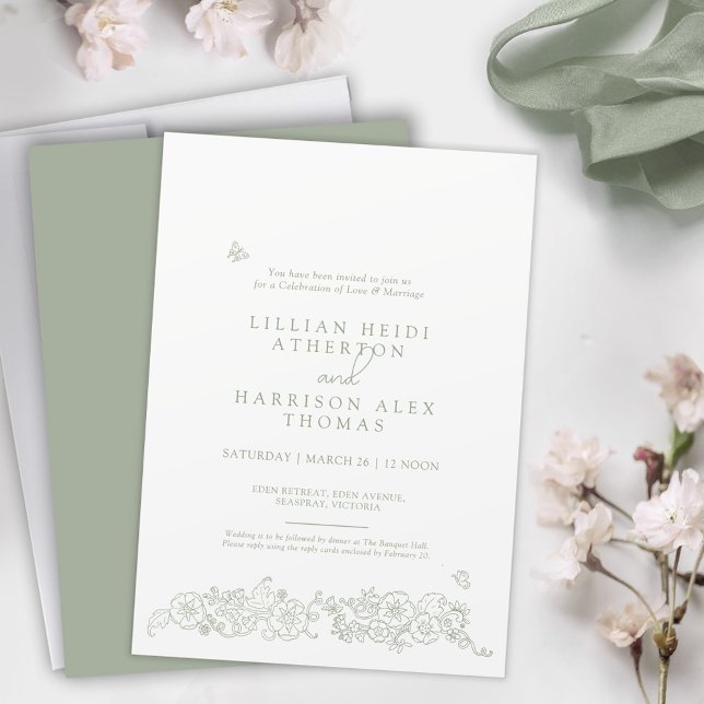 Invitation Mariage de printemps art dessiné à la main vert sa (Créateur téléchargé)