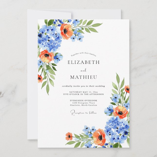 Invitation Mariage de printemps au fleur d'orange bleue (Devant)