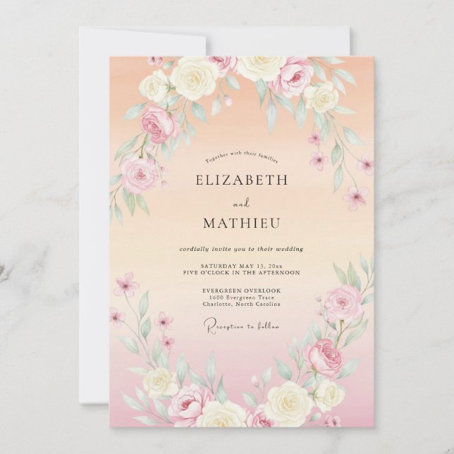Invitation Mariage de printemps au lavis de pêche radiante (Devant)
