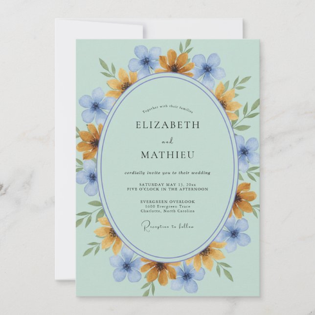Invitation Mariage de printemps aux fleurs bleu clair (Devant)