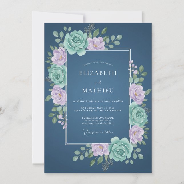 Invitation Mariage de printemps aux fleurs bleues poussiéreus (Devant)