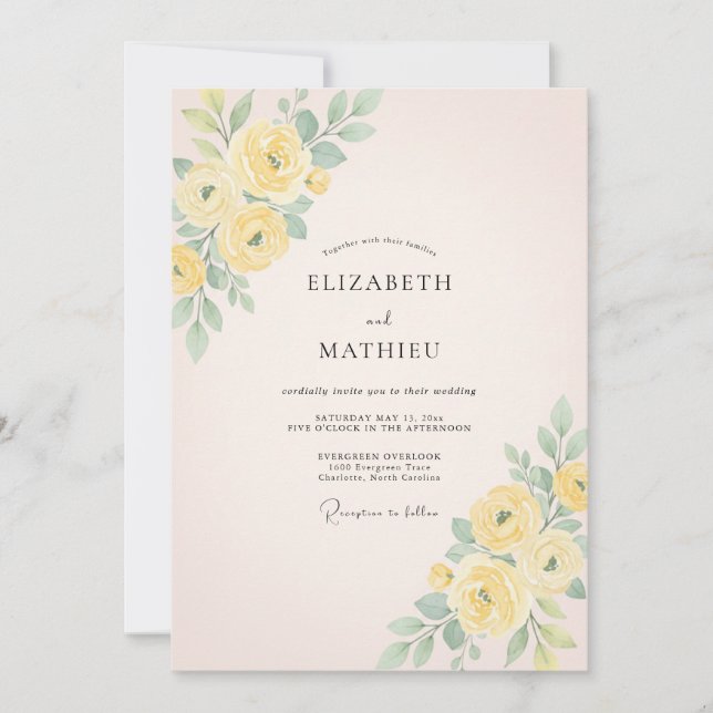 Invitation Mariage de printemps aux fleurs délicates jaunes (Devant)