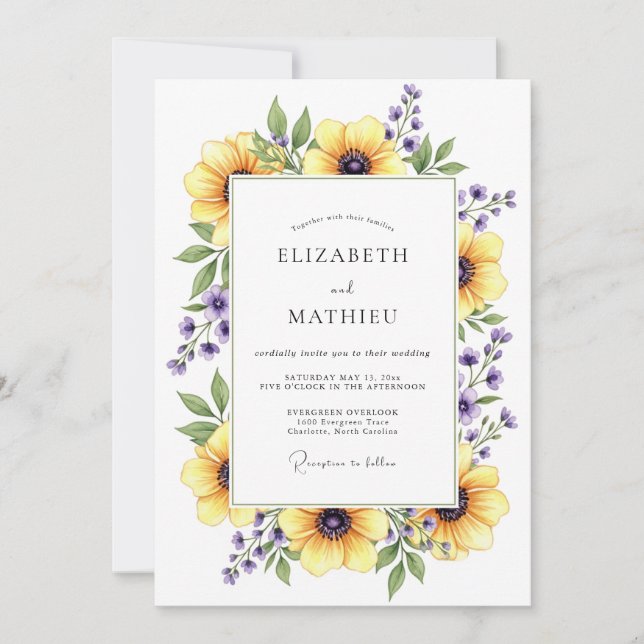 Invitation Mariage de printemps aux fleurs jaunes (Devant)