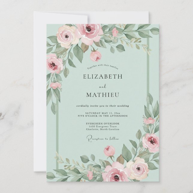 Invitation Mariage de printemps aux fleurs rose poussiéreux (Devant)