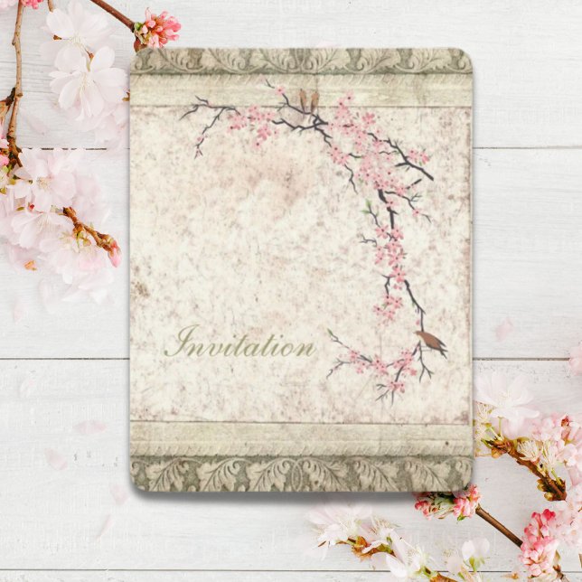 Invitation mariage de printemps aux fleurs roses de cerisier  (pink floral japanese cherry blossom spring wedding invitation)