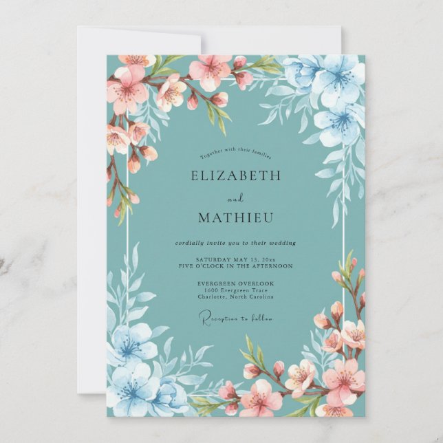 Invitation Mariage de printemps aux fleurs sereines sarcelle (Devant)