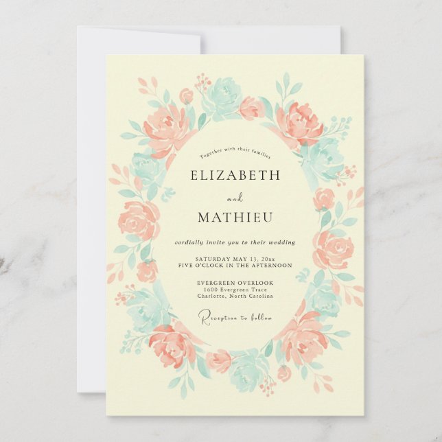 Invitation Mariage de printemps aux teintes de pêche et de sa (Devant)