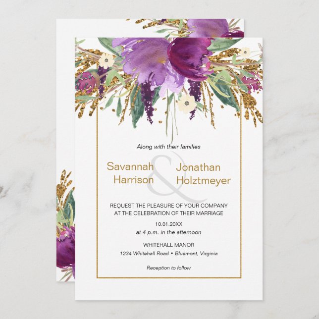 Invitation Mariage de printemps avec améthyste pourpre floral (Devant / Derrière)