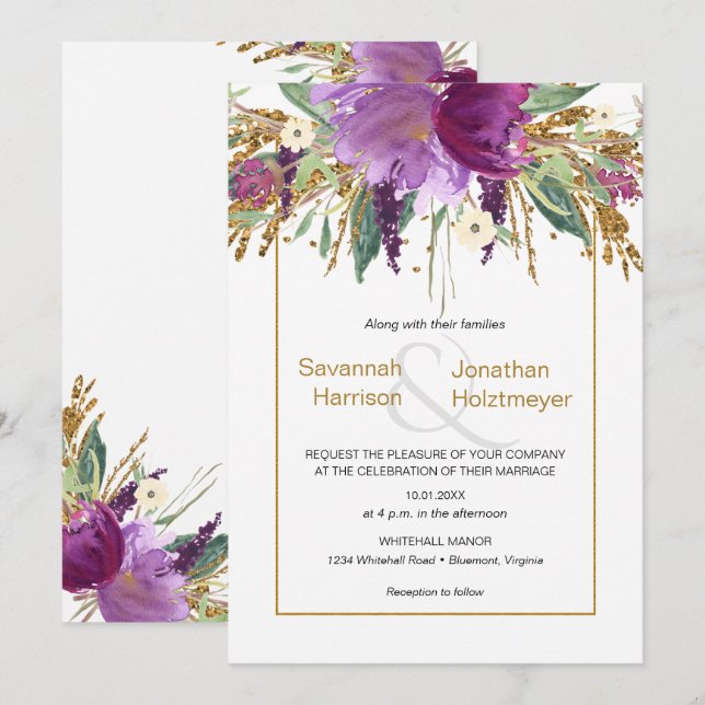 Invitation Mariage de printemps avec fleurs d'améthyste viole (Devant / Derrière)