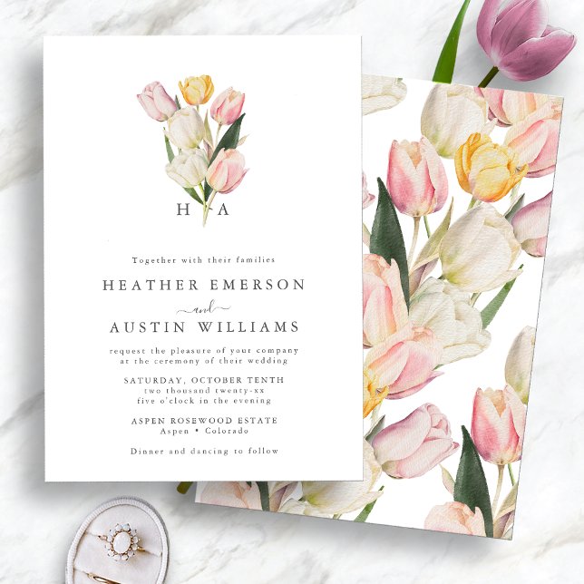 Invitation Mariage de printemps avec monogramme (Elegant Watercolor Tulips Monogrammed Spring Wedding Invitation by Painted Paperie
)