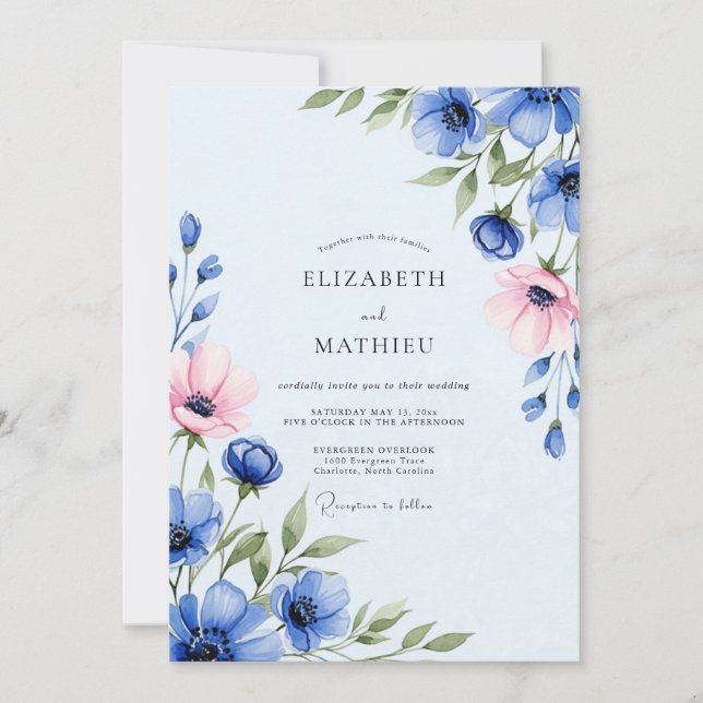 Invitation Mariage de printemps bleu azur poli (Devant)